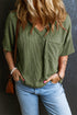 Corded V Neck Short Sleeve Loose Fit Pocket Tee