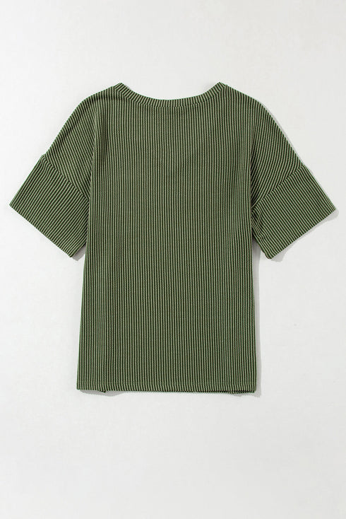 Corded V Neck Short Sleeve Loose Fit Pocket Tee