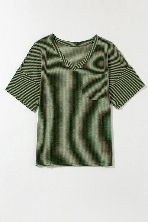 Corded V Neck Short Sleeve Loose Fit Pocket Tee