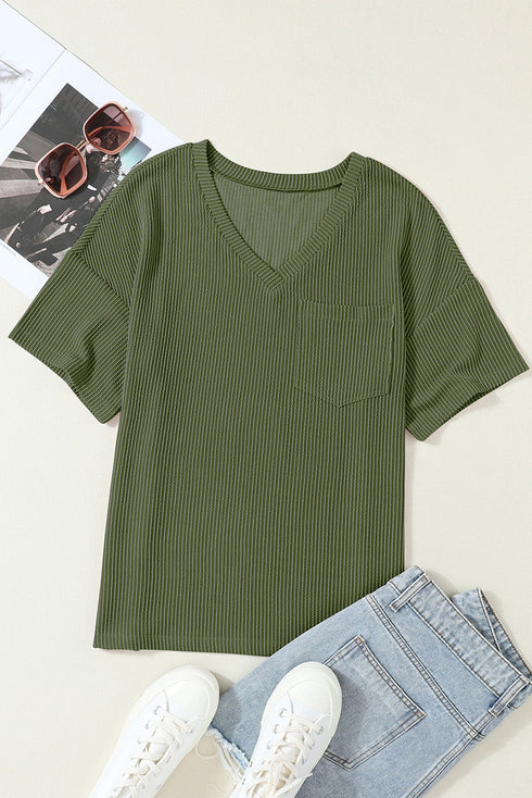 Corded V Neck Short Sleeve Loose Fit Pocket Tee