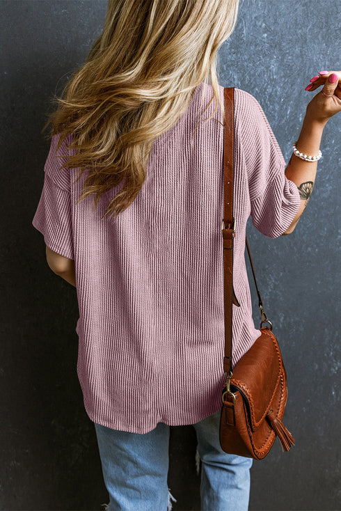 Corded V Neck Short Sleeve Loose Fit Pocket Tee