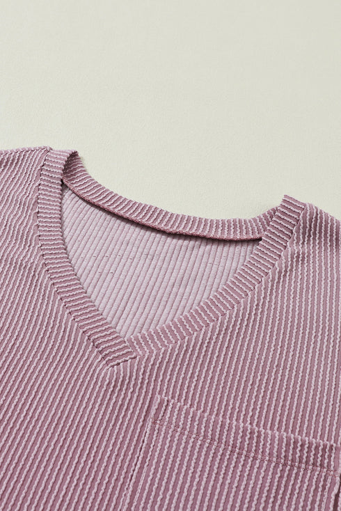 Corded V Neck Short Sleeve Loose Fit Pocket Tee