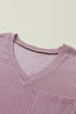 Corded V Neck Short Sleeve Loose Fit Pocket Tee