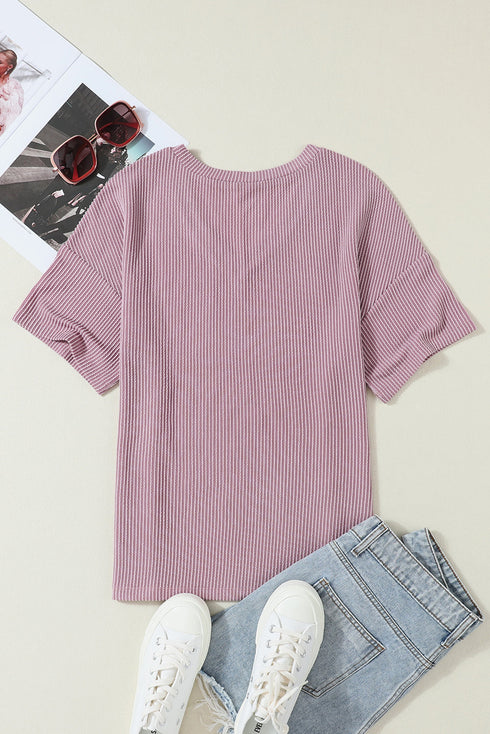 Corded V Neck Short Sleeve Loose Fit Pocket Tee