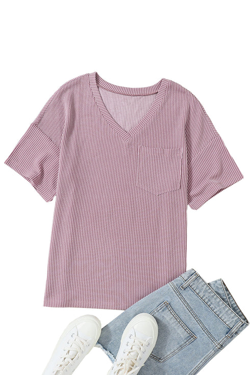 Corded V Neck Short Sleeve Loose Fit Pocket Tee