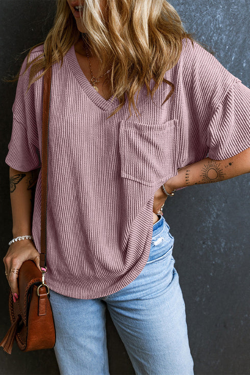Corded V Neck Short Sleeve Loose Fit Pocket Tee