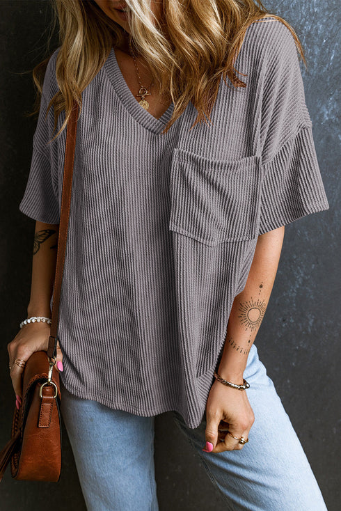 Corded V Neck Short Sleeve Loose Fit Pocket Tee