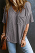Corded V Neck Short Sleeve Loose Fit Pocket Tee