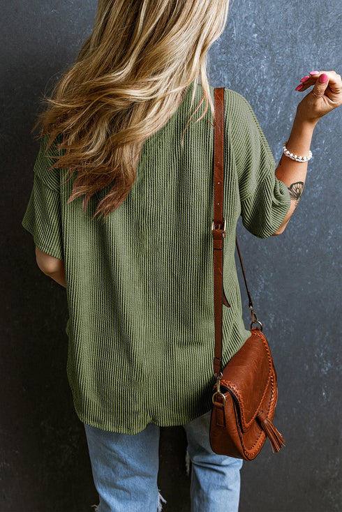 Corded V Neck Short Sleeve Loose Fit Pocket Tee
