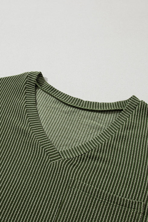 Corded V Neck Short Sleeve Loose Fit Pocket Tee