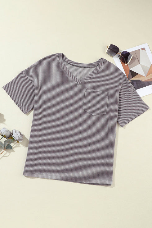 Corded V Neck Short Sleeve Loose Fit Pocket Tee