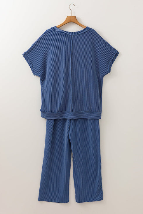 Corded V Neck Tee And Wide Leg Loungewear
