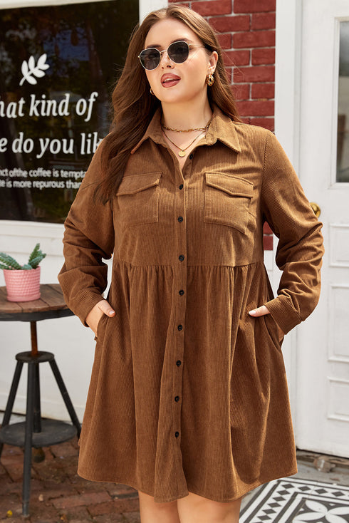 Corduroy Button Front Collared Western A Line Mini Dress