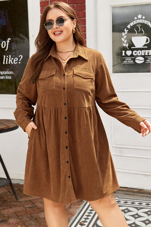 Corduroy Button Front Collared Western A Line Mini Dress