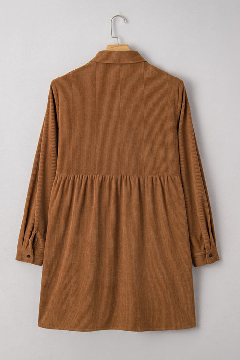 Corduroy Button Front Collared Western A Line Mini Dress