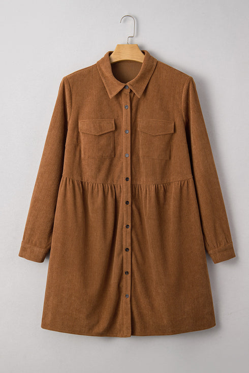Corduroy Button Front Collared Western A Line Mini Dress