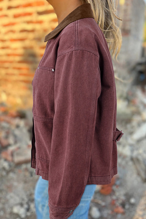 Corduroy Collar Zipped Front Patchwork Denim Jacket