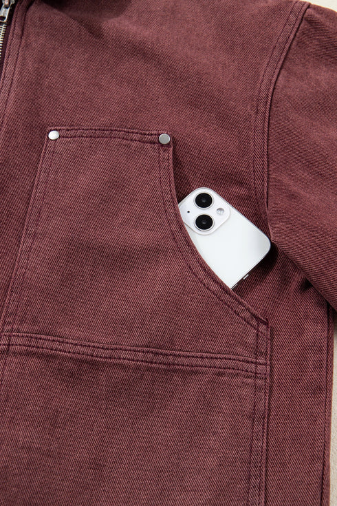 Corduroy Collar Zipped Front Patchwork Denim Jacket