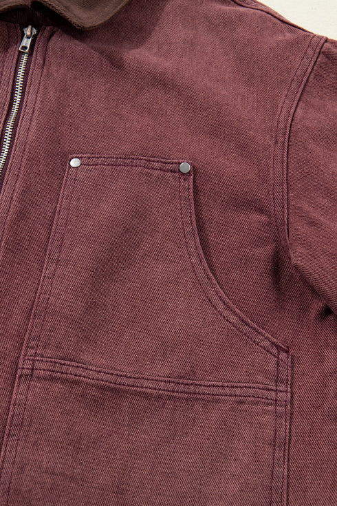 Corduroy Collar Zipped Front Patchwork Denim Jacket
