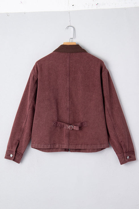Corduroy Collar Zipped Front Patchwork Denim Jacket