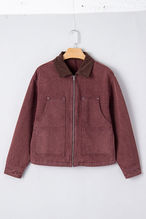 Corduroy Collar Zipped Front Patchwork Denim Jacket