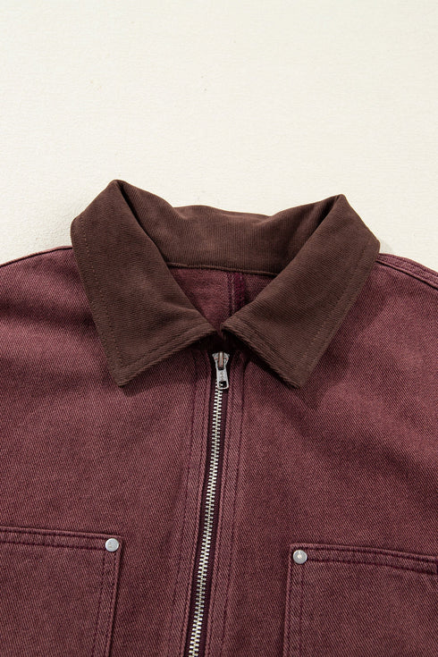 Corduroy Collar Zipped Front Patchwork Denim Jacket