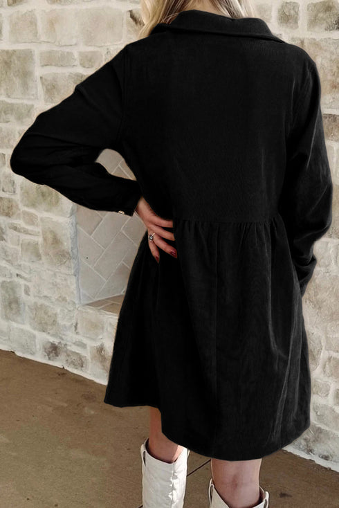 Corduroy Collared Half Button Long Sleeve Mini Dress