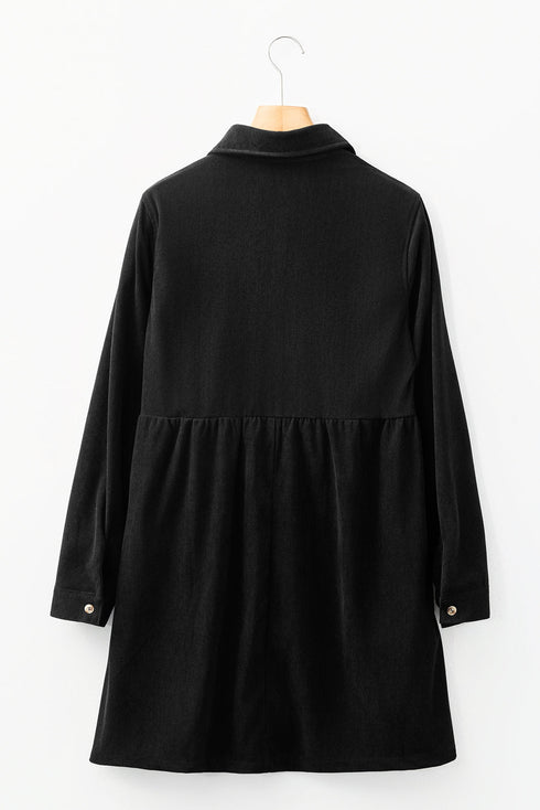 Corduroy Collared Half Button Long Sleeve Mini Dress