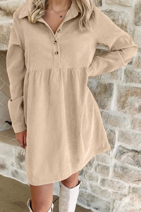 Corduroy Collared Half Button Long Sleeve Mini Dress