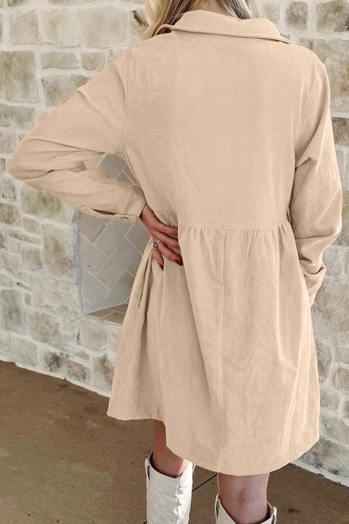 Corduroy Collared Half Button Long Sleeve Mini Dress
