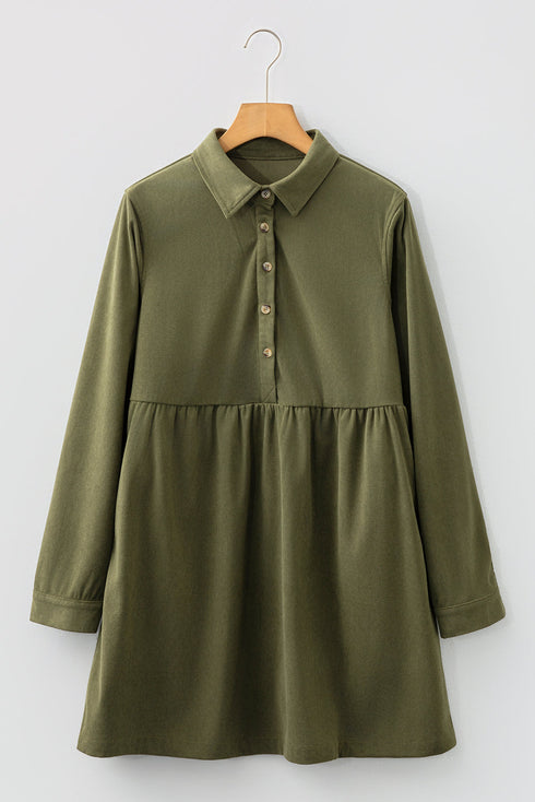 Corduroy Collared Half Button Long Sleeve Mini Dress