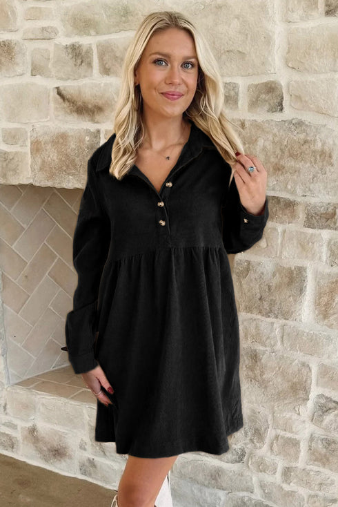 Corduroy Collared Half Button Long Sleeve Mini Dress