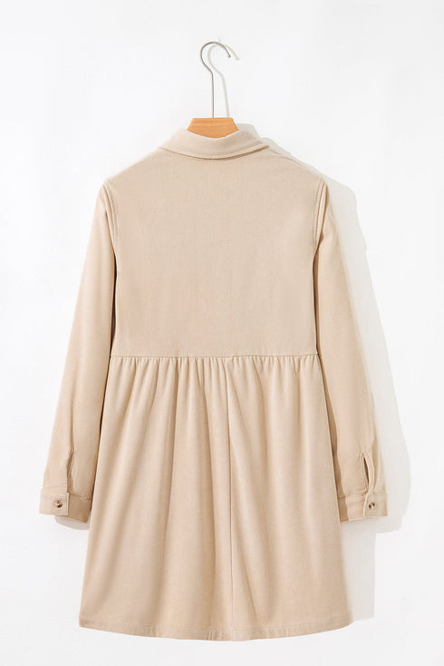 Corduroy Collared Half Button Long Sleeve Mini Dress