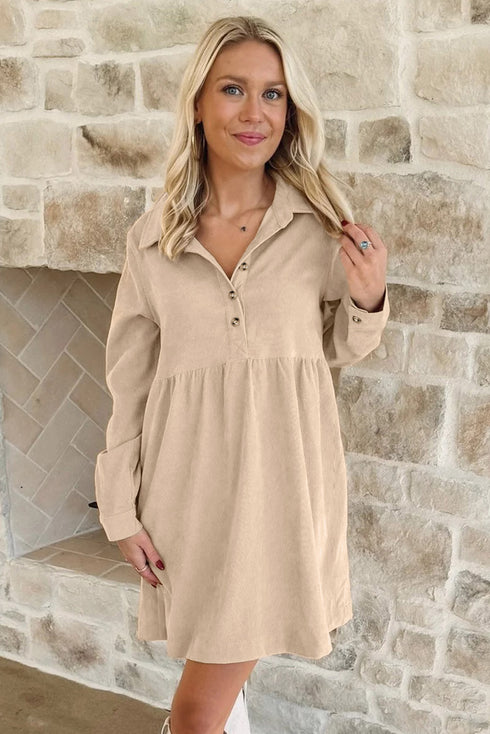 Corduroy Collared Half Button Long Sleeve Mini Dress