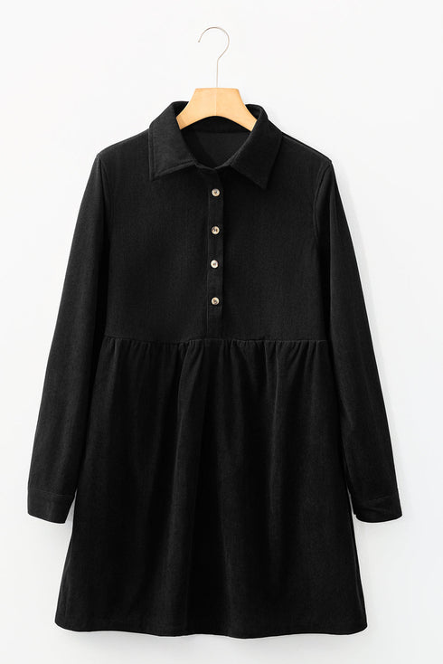 Corduroy Collared Half Button Long Sleeve Mini Dress