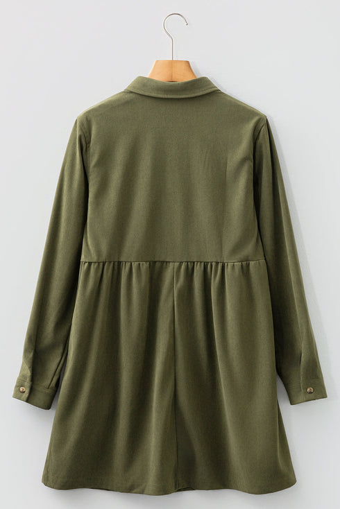 Corduroy Collared Half Button Long Sleeve Mini Dress