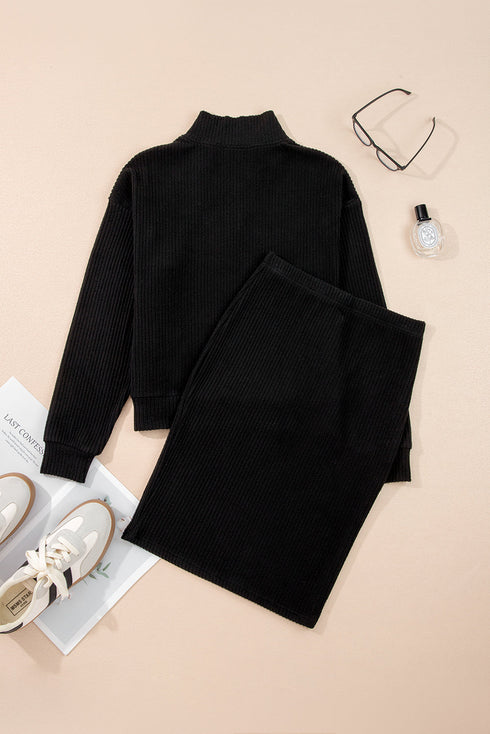Corduroy Drop Shoulder Stand Neck Bodycon Two Piece Dress