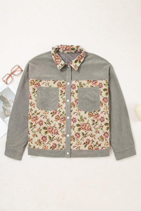 Corduroy Floral Patchwork Snap Front Drop Shoulder Shacket