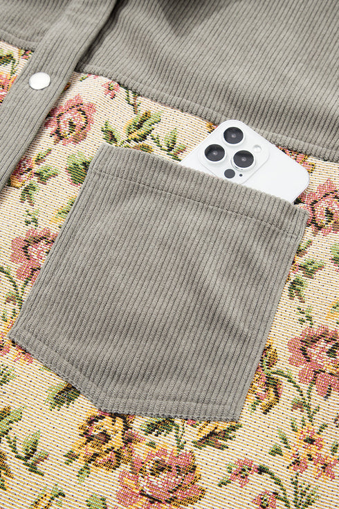 Corduroy Floral Patchwork Snap Front Drop Shoulder Shacket