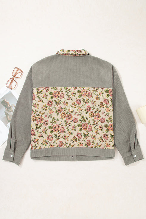 Corduroy Floral Patchwork Snap Front Drop Shoulder Shacket