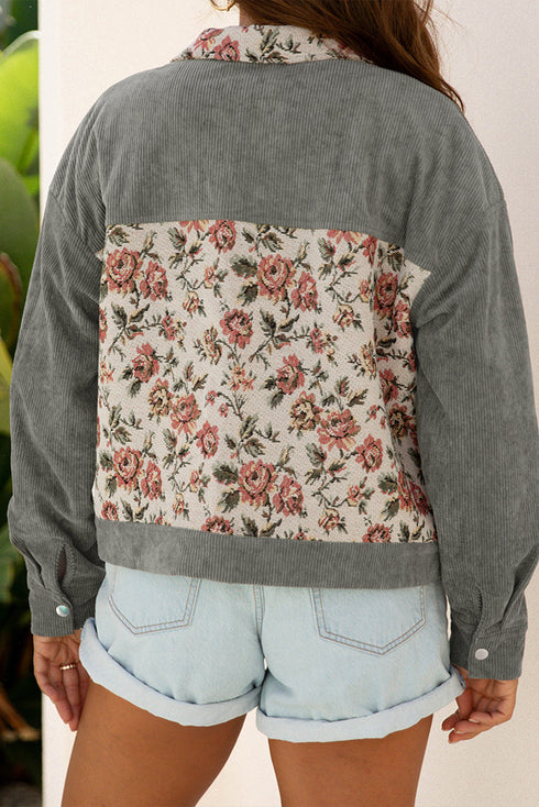 Corduroy Floral Patchwork Snap Front Drop Shoulder Shacket