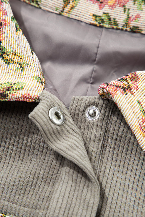 Corduroy Floral Patchwork Snap Front Drop Shoulder Shacket