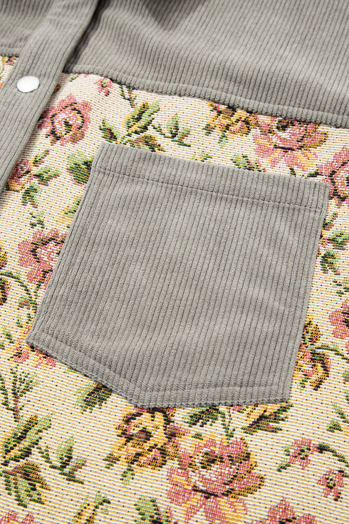 Corduroy Floral Patchwork Snap Front Drop Shoulder Shacket