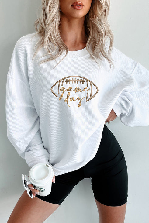 Corduroy Game Day Football Embroidered Drop Shoulder Crewneck Sweatshirt