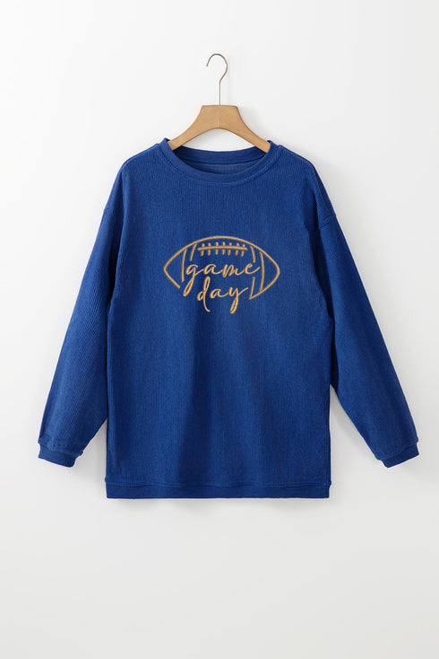 Corduroy Game Day Football Embroidered Drop Shoulder Crewneck Sweatshirt