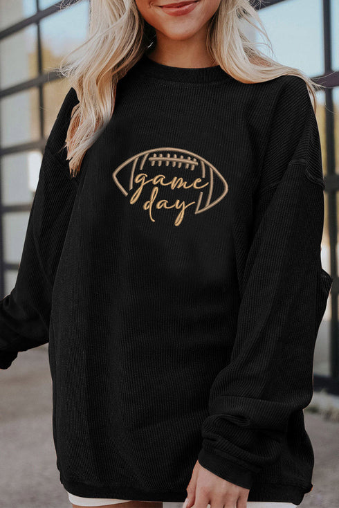 Corduroy Game Day Football Embroidered Drop Shoulder Crewneck Sweatshirt