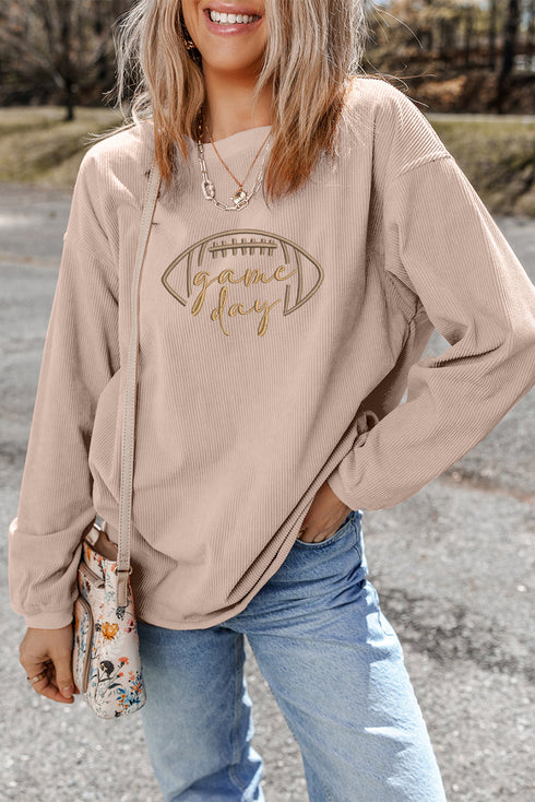 Corduroy Game Day Football Embroidered Drop Shoulder Crewneck Sweatshirt