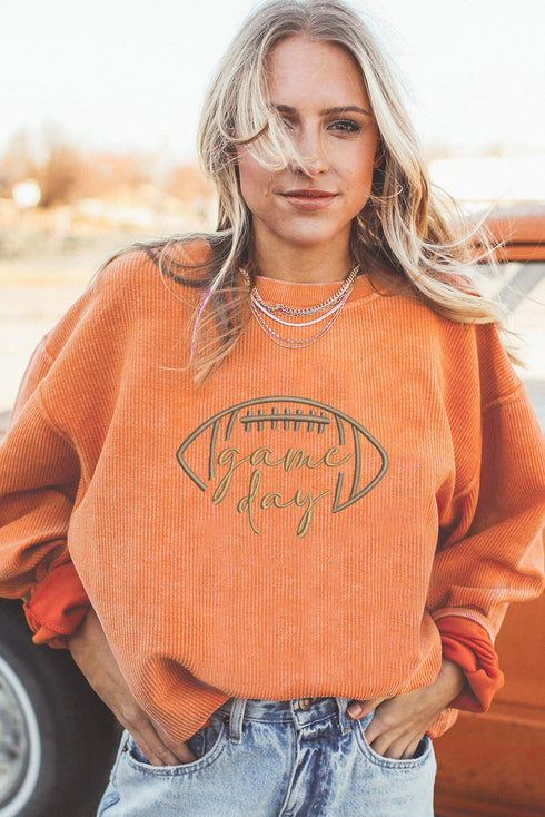 Corduroy Game Day Football Embroidered Drop Shoulder Crewneck Sweatshirt