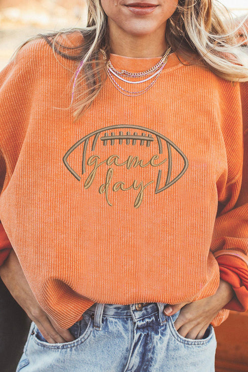 Corduroy Game Day Football Embroidered Drop Shoulder Crewneck Sweatshirt