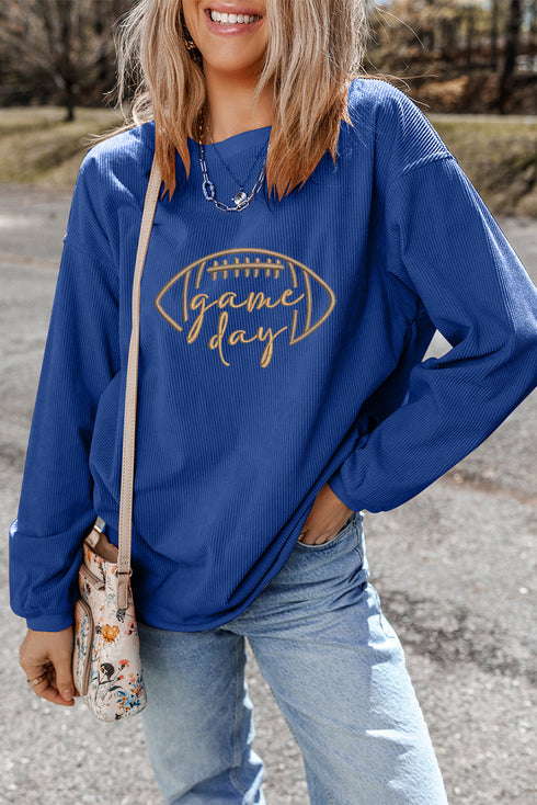 Corduroy Game Day Football Embroidered Drop Shoulder Crewneck Sweatshirt
